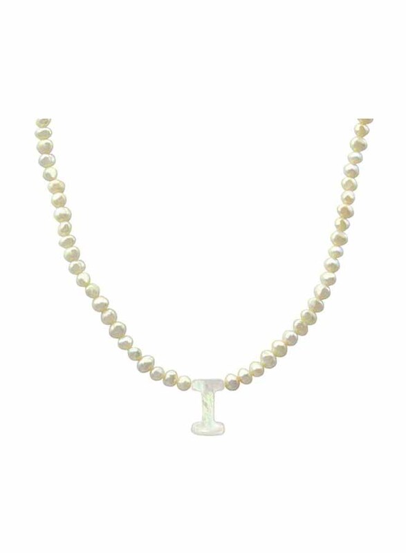 Vera Perla 10K Gold Strand Pendant Necklace for Women, with Letter I and Pearl Stones, White
