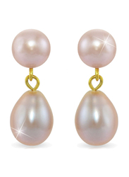 Vera Perla 18K Yellow Gold Dangle Earrings for Women, with 7mm Genuine Pearl Stone, Purple/Gold