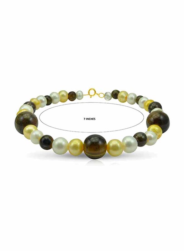 Vera Perla 10k Solid Yellow Gold Beaded Bracelet for Women, with Pearl and Tiger Eye Stone, Brown/Yellow/White