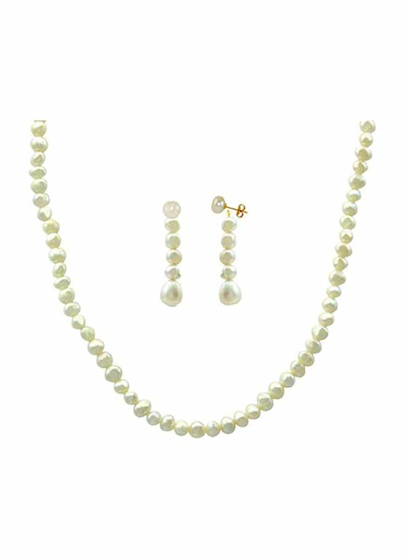 Vera Perla 2-Pieces 18K Gold Jewellery Set for Women, with Necklace and Earrings, with Genuine Pearl Stones, White