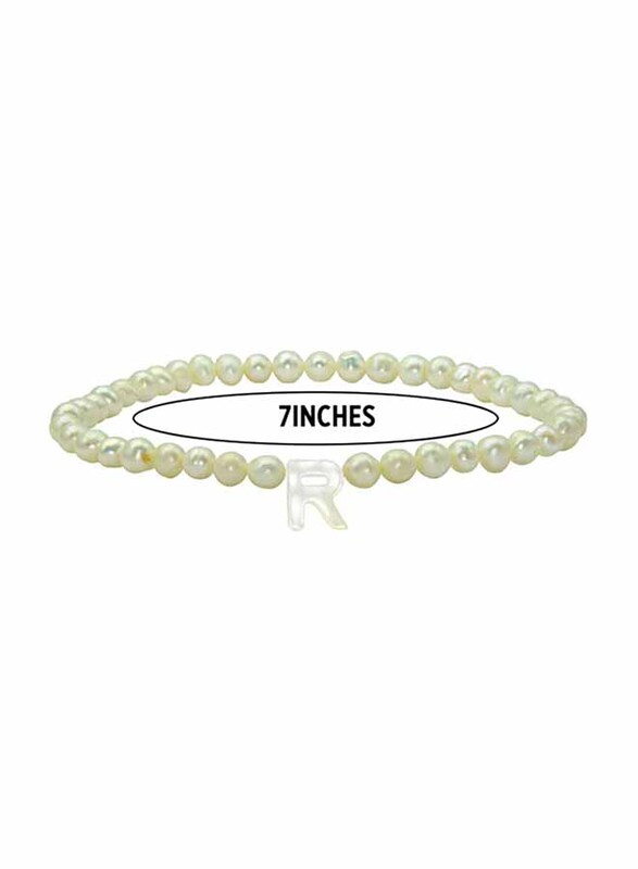 Vera Perla Elastic Stretch Bracelet for Women, with Letter R Mother of Pearl and Pearl Stone, White