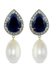 Vera Perla 18K Gold Drop Earrings for Women, with 0.24 ct Diamonds Royal Indian Sapphire & Pearl Stones, Blue/White