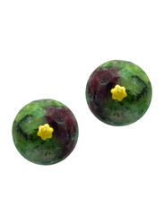Vera Perla 18K Solid Yellow Gold Ball Earrings for Women, with Ruby Zoisite Stone, Green/Gold