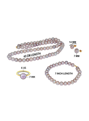 Vera Perla 4-Pieces 18K Gold Strand Jewellery Set for Women, with Pearls Stone, Necklace, Bracelet, Earrings and Ring, Purple