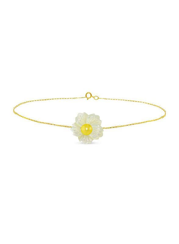 Vera Perla 18K Solid Yellow Gold Chain Bracelet for Women, with 19mm Flower Shape Mother of Pearl and 6-7mm Pearl Stone, Gold/White/Yellow