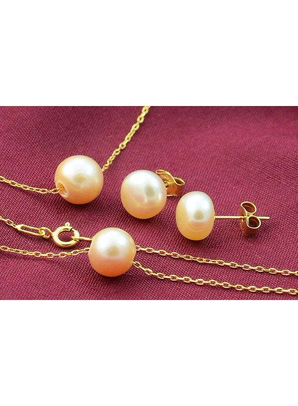 Vera Perla 3-Pieces 10K Gold Jewellery Set for Women, with Necklace, Bracelet & Earrings, with Pearl Stone, Gold/Pink