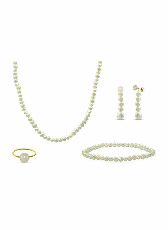 Vera Perla 4-Pieces 18K Gold Strand Jewellery Set for Women, with Necklace, Bracelet, Stud Earrings and Ring, with Pearl Stones, White