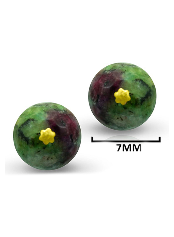 Vera Perla 18K Solid Yellow Gold Ball Earrings for Women, with Ruby Zoisite Stone, Green/Gold