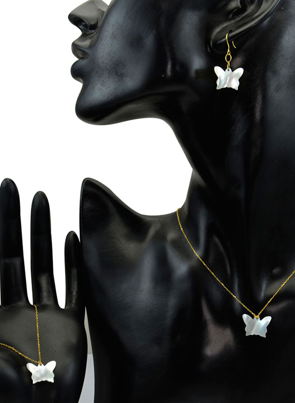 فيرا بيرلا طقم مجوهرات 3 قطع من الذهب عيار 18 قيراط للنساء من سلسال وأقراط وسوار، مع تعليقة بشكل فراشة من عرق اللؤلؤ- أخضر وذهبي