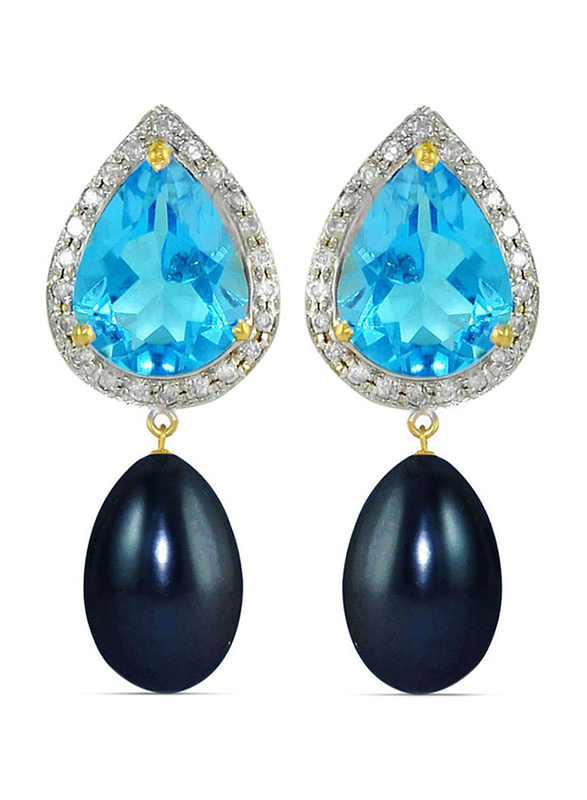 Vera Perla 18K Gold Pearl Stone Dangle Earring for Women, with 0.24 ct Genuine Diamond & Topaz Stone, Blue
