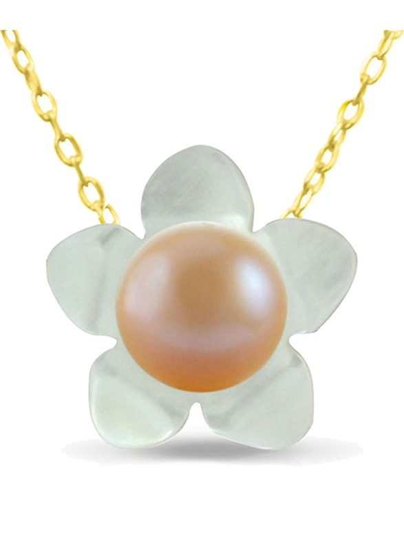 

Vera Perla 18K Solid Yellow Gold Pendant Necklace for Women, with 13mm Mother of Pearl Flower Shape and 7mm Pearl Stones, Gold/Jade/Beige