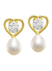 Vera Perla 18K Gold Drop Earrings for Women, with 0.14 ct Diamond and Solitaire Pearl, White/Gold