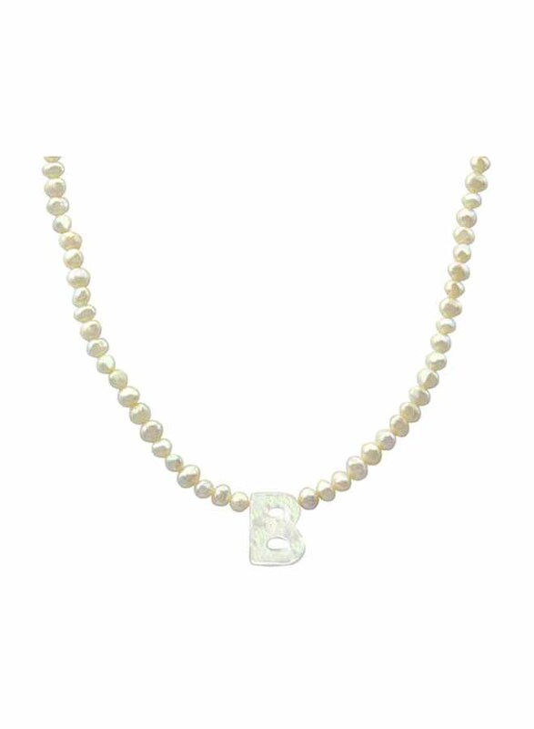 Vera Perla 10K Gold Strand Pendant Necklace for Women, with Letter B and Pearl Stones, White