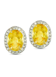 Vera Perla 18K Gold Stud Earrings for Women, with 0.24 ct Diamonds and Oval Cut Citrine Stone, Yellow