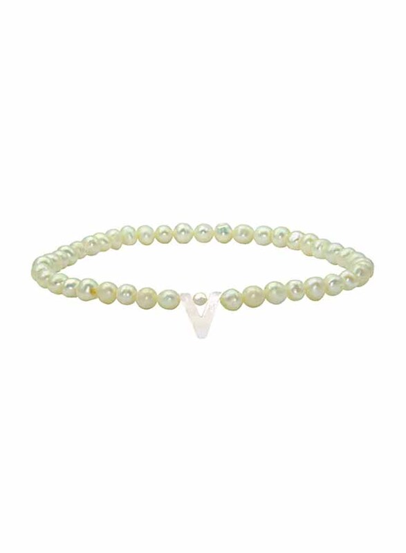 Vera Perla Elastic Stretch Bracelet for Women, with Letter V Mother of Pearl and Pearl Stone, White