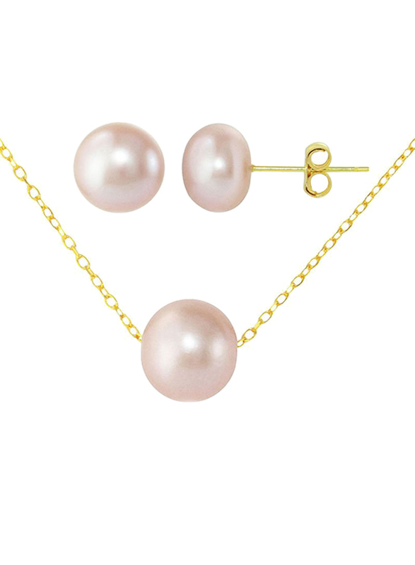 Vera Perla 10K Yellow Gold Necklace Set for Women, with Pearl Stone and Earring, Gold/Pink