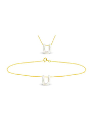 Vera Perla 2-Pieces 18k Yellow Gold U Letter Jewellery Set for Women, with Necklace and Earrings, with Mother of Pearl Stone, Gold/White