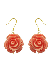 Vera Perla 18K Solid Yellow Gold Dangle Earrings for Women, with Rose Carved, Pink/Gold