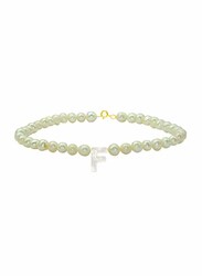 Vera Perla 18K Gold Strand Beaded Bracelet for Women, with Letter F Mother of Pearl and Pearl Stone, White