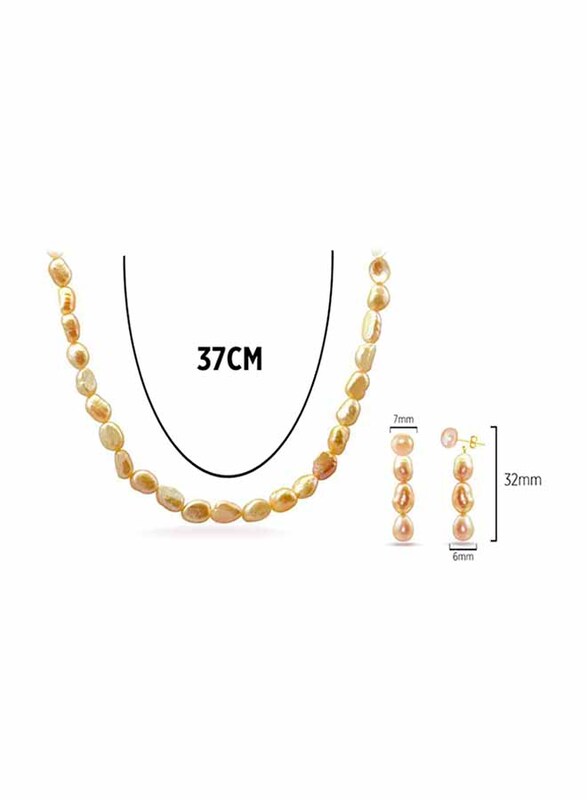 Vera Perla 2-Pieces 18K Gold Jewellery Set for Women, with Necklace and Earrings, with Pearl Stones, Yellow