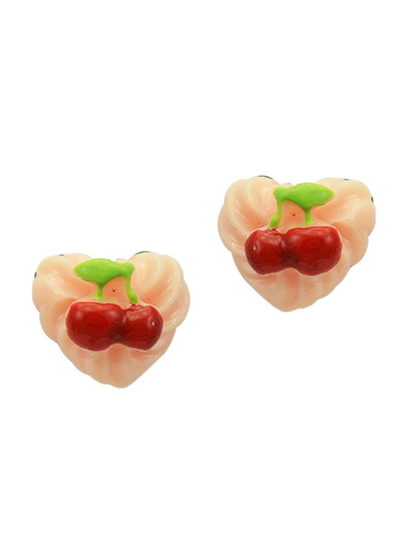 Vera Perla 18K Solid Yellow Gold Stud Earrings for Women, with Heart Shape Cupcake Cherry, Pink/Gold