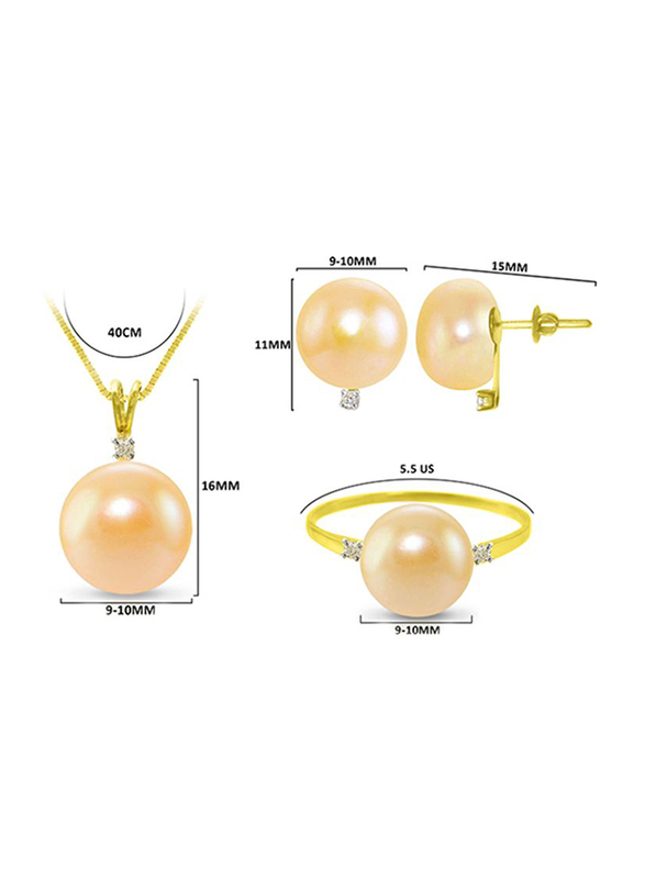 Vera Perla 3-Pieces 18K Gold Pendant Necklace, Earrings and Ring Set for Women, with 0.08ct Diamonds and 9-10 mm Pearl Stone, Rose Gold