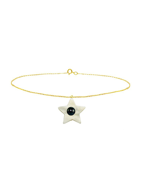 Vera Perla 18K Solid Yellow Gold Chain Bracelet for Women, with Star Shape Mother of Pearl and 6-7mm Freshwater Pearl Stone, Gold/White/Black