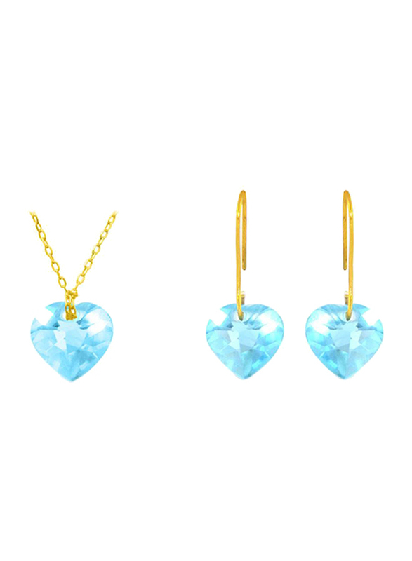 Vera Perla 2-Pieces 10K Solid Yellow Gold Jewellery Set for Women, with Necklace and Earrings, with 7mm Topaz Stone, Gold/Blue