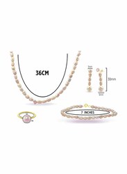 Vera Perla 4-Pieces 18K Gold Strand Jewellery Set for Women, with Necklace, Lobster Bracelet, Earrings and Ring, with Pearl Stones, Purple