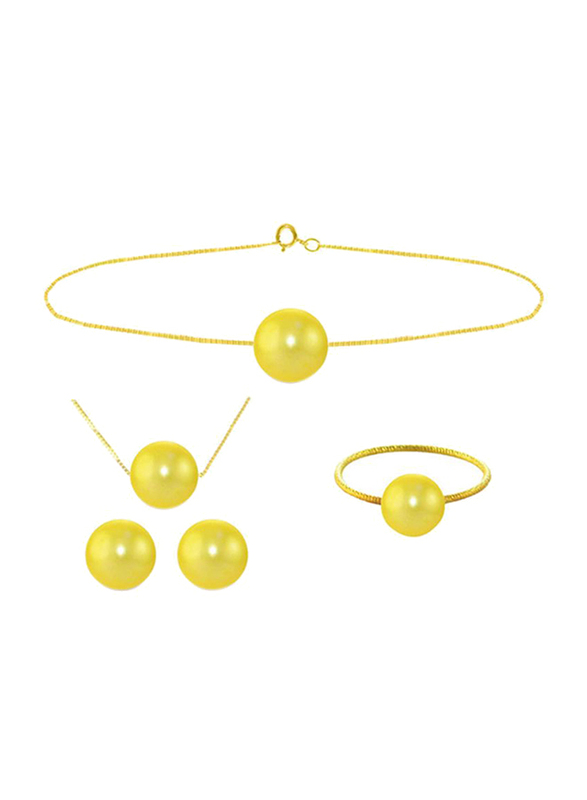 Vera Perla 4-Pieces 18K Solid Yellow Gold Jewellery Set for Women, with Necklace, Bracelet, Earrings and Ring, with 8mm Pearl Stones, Gold/Yellow