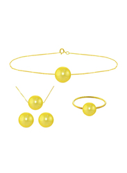 Vera Perla 4-Pieces 18K Solid Yellow Gold Jewellery Set for Women, with Necklace, Bracelet, Earrings and Ring, with 8mm Pearl Stones, Gold/Yellow