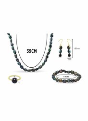 Vera Perla 4-Pieces 18K Gold Jewellery Set for Women, with Necklace, Earrings, Bracelet and Ring, with Pearl Stones, Blue