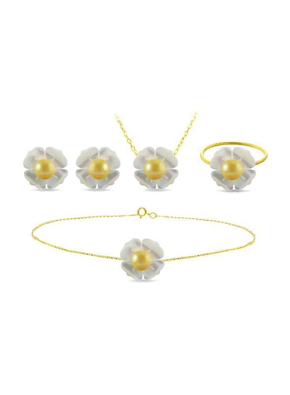 Vera Perla 4-Pieces 18K Solid Yellow Gold Jewellery Set for Women, with Necklace, Bracelet, Earrings and Ring, with 13mm Mother of Pearl Flower Shape, with 4 mm Pearl Stones, Gold/Jade/Yellow