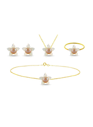 Vera Perla 5-Pieces 18k Solid Yellow Gold Jewellery Set for Women, with Mother of Pearl Flower Shape and 4mm Pearl, White/Rose Gold