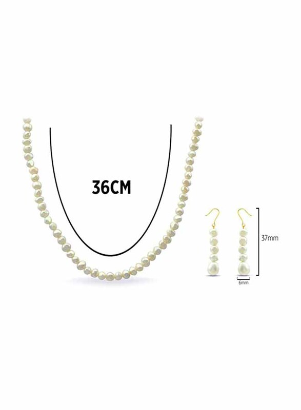 Vera Perla 2-Pieces 18K Gold Strand Jewellery Set for Women, with Necklace and Earrings, with Pearl Stones, White