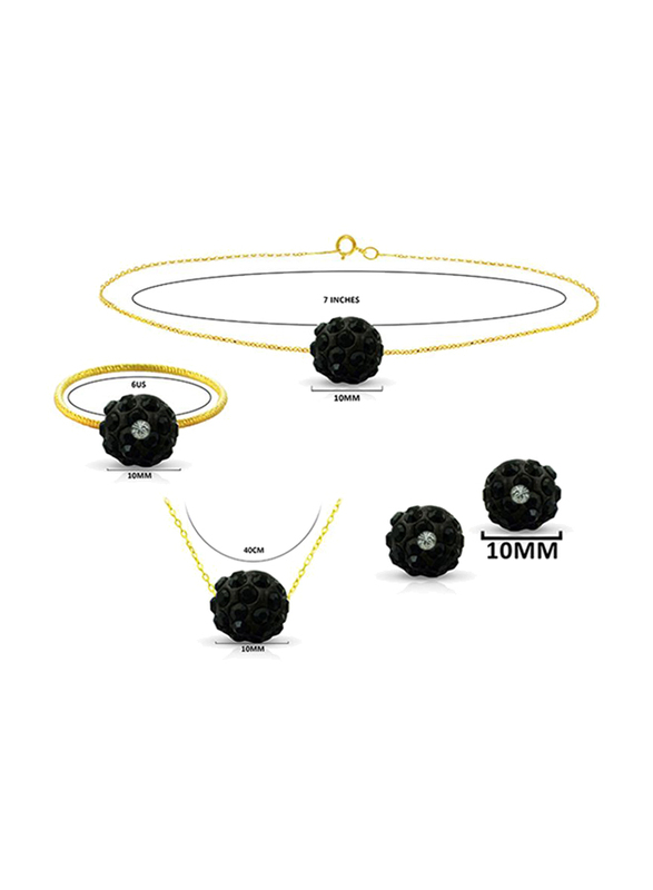 Vera Perla 4-Pieces 10K Solid Gold Earring, Bracelet, Ring and Necklace Set for Women, with 10 mm Crystal Ball, Black/Gold