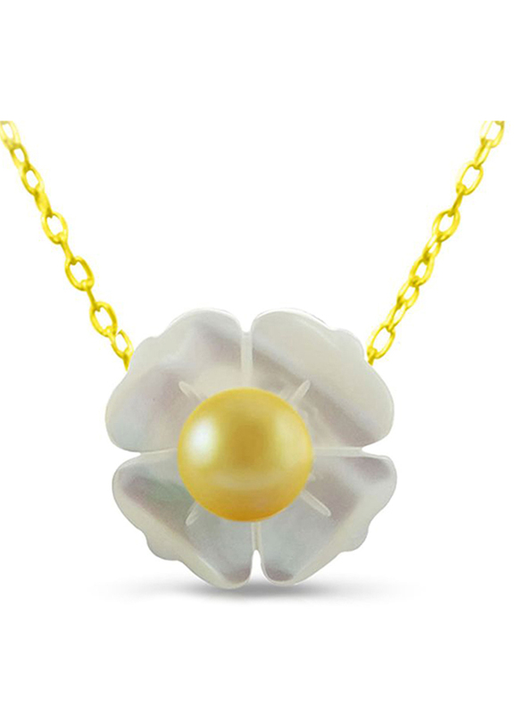 Vera Perla 18K Solid Yellow Gold Pendant Necklace for Women, with 13mm Mother of Pearl Flower Shape, with 4 mm Pearl Stones, Gold/Jade/Yellow