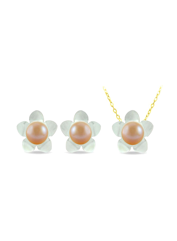 Vera Perla 2-Pieces 18K Solid Yellow Gold Jewellery Set for Women, with Necklace and Earrings, 13mm Mother of Pearl Flower Shape, with 7mm Pearl, Gold/Jade/Beige
