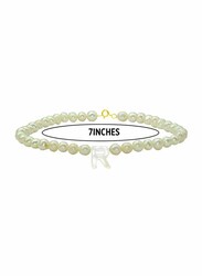 Vera Perla 18K Gold Strand Beaded Bracelet for Women, with Letter R Mother of Pearl and Pearl Stone, White