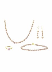 Vera Perla 4-Pieces 10K Gold Jewellery Set for Women, with 36cm Necklace, Bracelet, Ring and Earrings, with Pearl Stones, Rose Gold/Pink