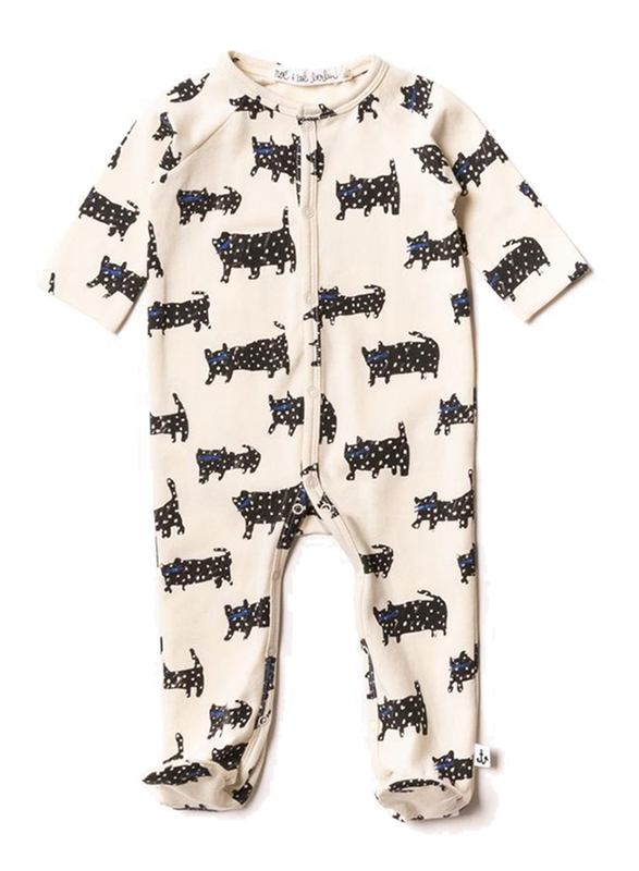 Noe & Zoe Cat Printed Baby Footie Pyjama, 0-3 Months, White