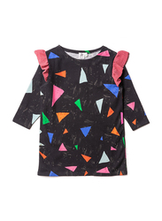 Noe & Zoe Space Triangles Details Ruffle Dress, Cotton, 6 Years, Pink/Black