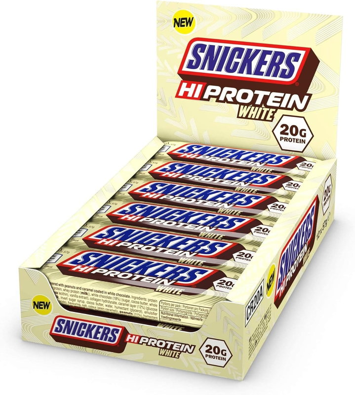 Snickers Hi protein White Peanut and Caramel Flavour Bar, 57g pack of 12