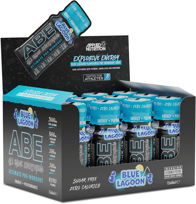 Applied Nutrition ABE Ultimate Pre Workout Shot, Blue Lagoon, 60ml Pack of 12