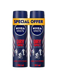 Nivea Dry Impact Antiperspirant Deodorant Spray for Men, 2 x 150ml