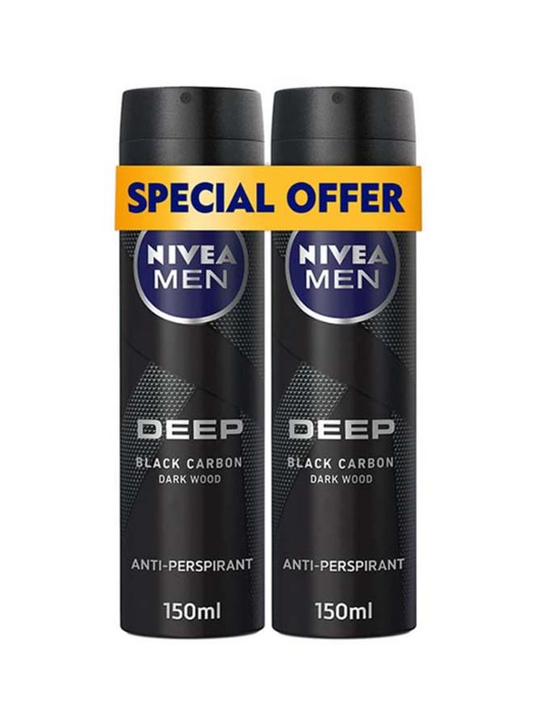 Nivea Deep Black Carbon Dark Wood Antiperspirant Spray for Men, 2 x 150ml