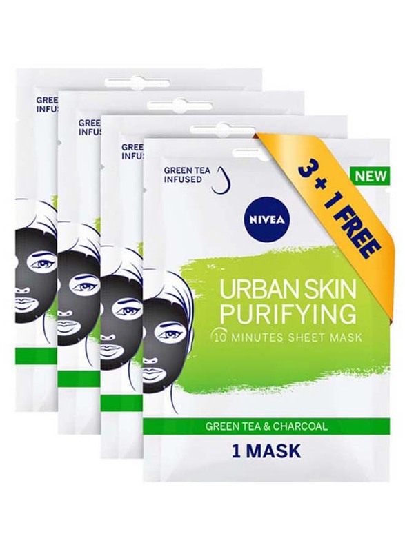 Nivea Urban Skin Purifying Face Sheet Mask with Green Tea & Charcoal, 80ml, 4 Pieces