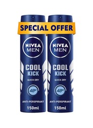 Nivea Cool Kick Deodorant Spray for Men, 2 x 150ml