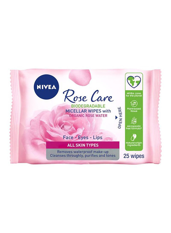 Nivea Rose Care Micellar Rose Water Makeup Removing Wipes, 25 Pieces, Pink