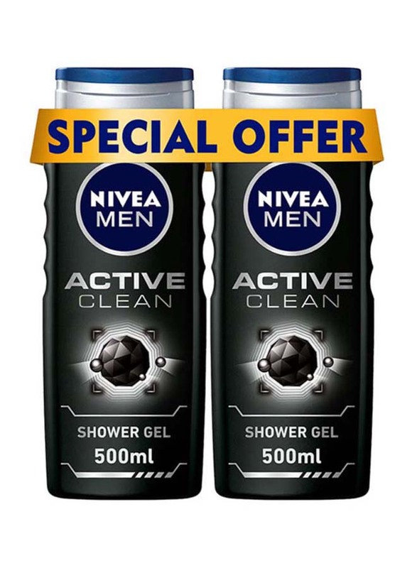 Nivea Active Clean Charcoal Shower Gel, 500ml, 2 Pieces